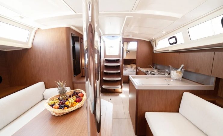 Saloon table in sailing yacht Beneteau Oceanis 41.1 Zoi for charter in Fethiye in Turkey