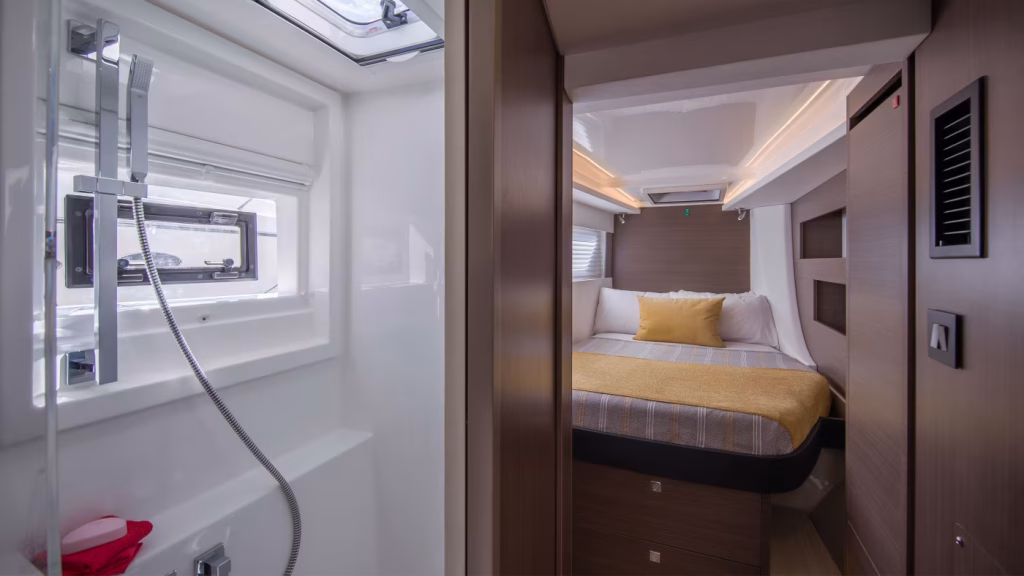 Forward cabin in catamaran Moorings 4200 with 3 cabins for charter in Great Abaco in Bahamas in Caribbean