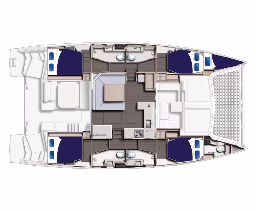 Layout of catamaran Moorings 4500L with 4 cabins for charter in Antigua and Barbuda in Caribbean