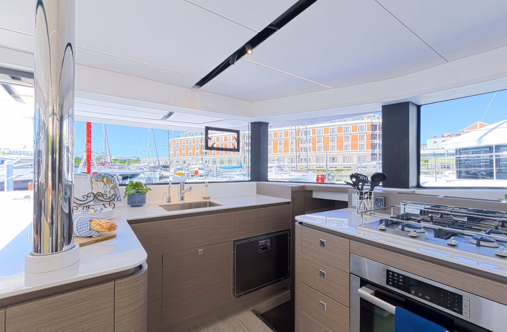 Galley in catamaran Moorings 4600 for charter in Saint Martin in Caribbean
