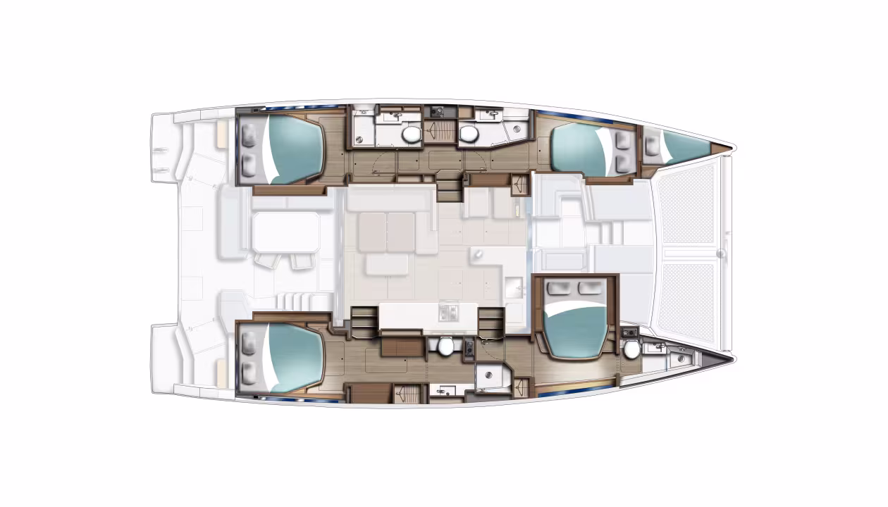 Layout of catamaran Moorings 4600 for charter in Saint Martin in Caribbean