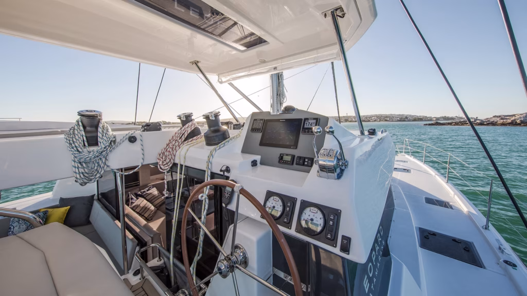 Cockpit of catamaran Moorings 5000 with 5 cabins for charter in Saint Martin in Caribbean