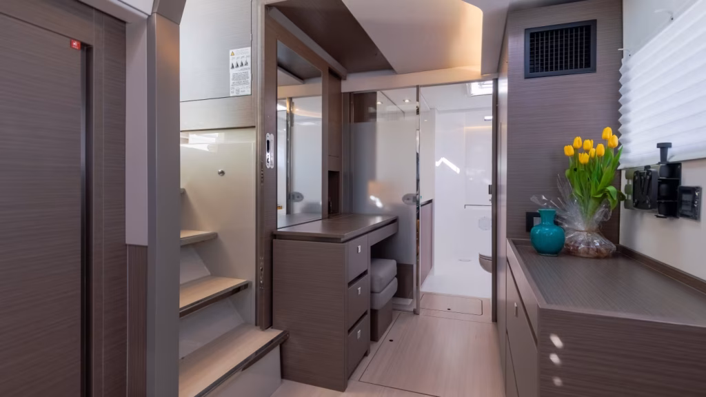 Interior in catamaran Moorings 5000 with 5 cabins for charter in Saint Martin in Caribbean