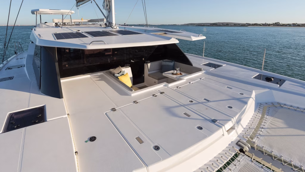 Sunbathing deck of catamaran Moorings 5000 with 5 cabins for charter in Nassau in Bahamas in Caribbean