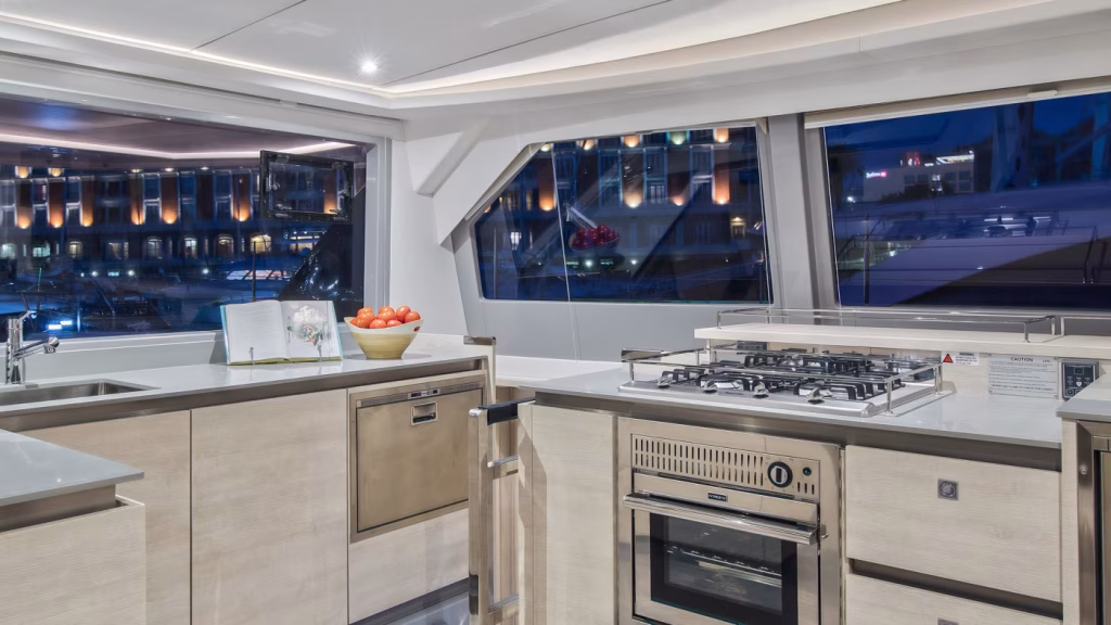 Galley in catamaran Moorings 5000 with 4 cabins for charter in Grenada in Caribbean