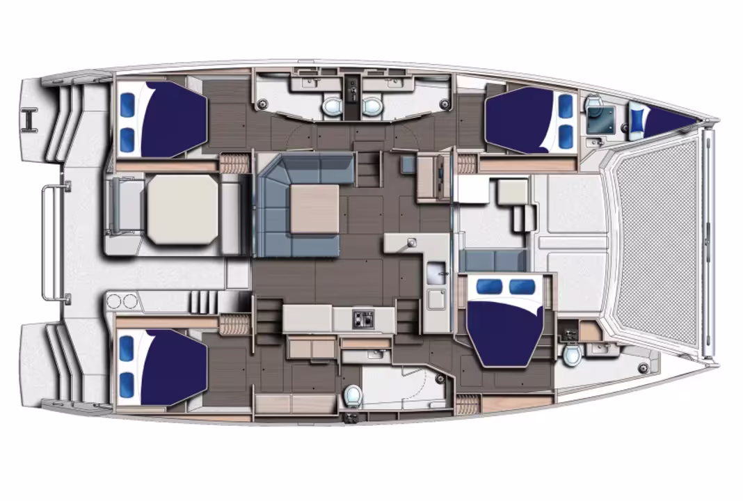 Layout of catamaran Moorings 5000 with 4 cabins for charter in Grenada in Caribbean