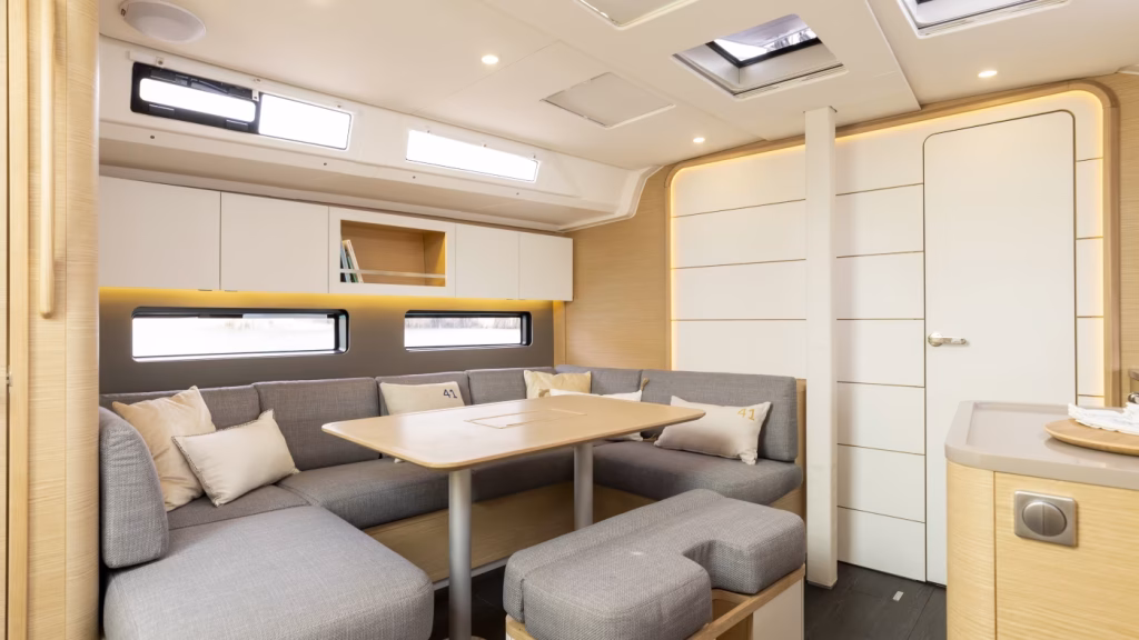 Saloon table in sailing yacht Dufour 41 (Moorings 41.3) for charter in Saint Martin in Caribbean