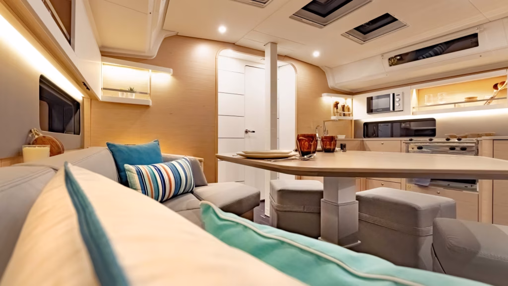 Saloon table in sailing yacht Moorings 44.3 for charter in Saint Martin in Caribbean