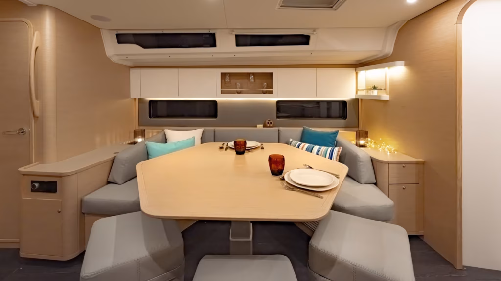 Saloon table in sailing yacht Moorings 44.3 for charter in Saint Martin in Caribbean