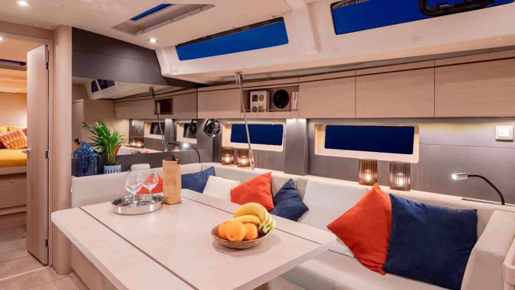 Saloon table in sailing yacht Moorings 52.4 for charter in Saint Martin in Caribbean