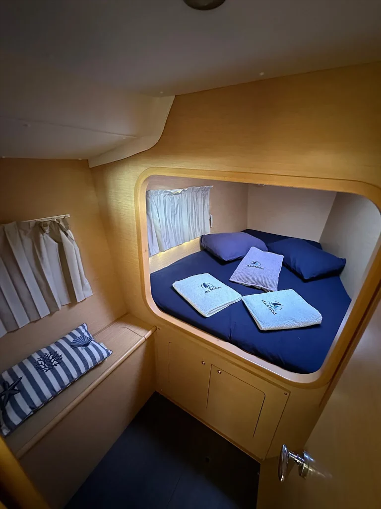 Forward cabin in catamaran Lagoon 380 Miko for charter in Fethiye in Turkey