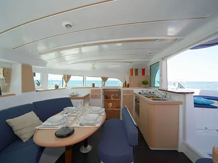 Saloon of catamaran Lagoon 380 Miko for charter in Fethiye in Turkey