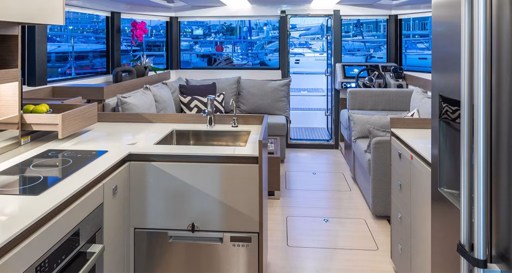 Galley in power catamaran Moorings 403 PC for charter in Great Abaco in Bahamas in Caribbean