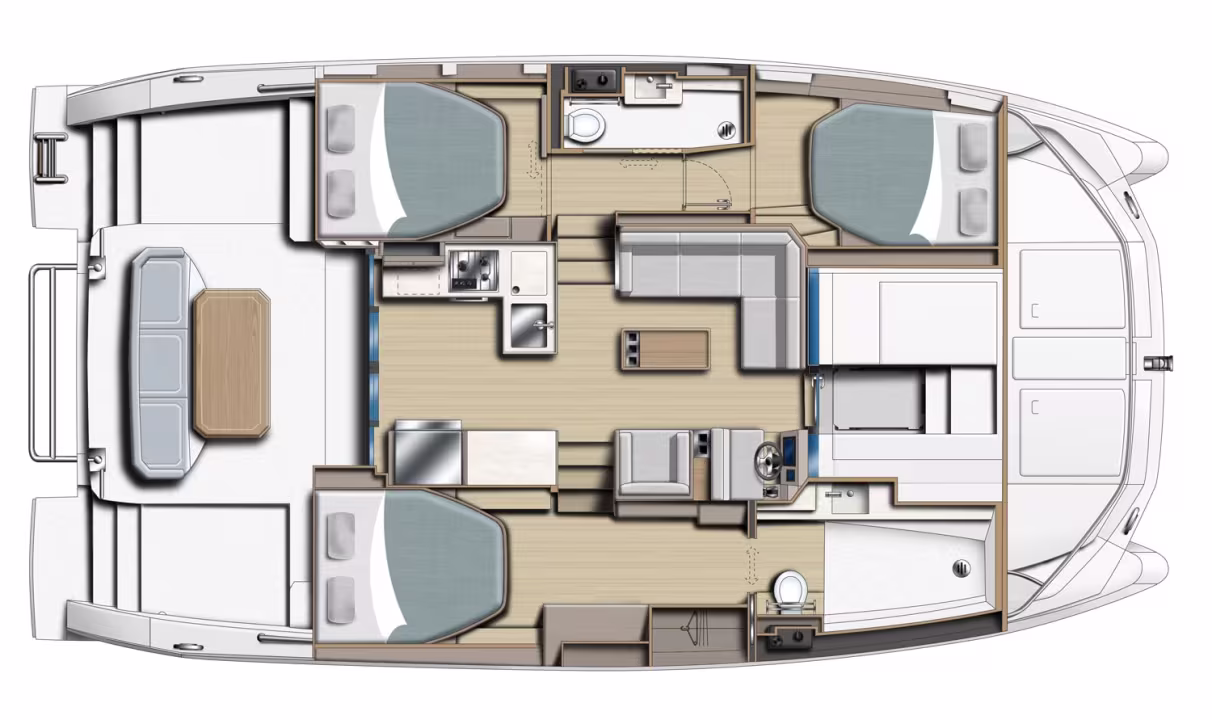 Layout of power catamaran Moorings 403 PC for charter in Great Abaco in Bahamas in Caribbean