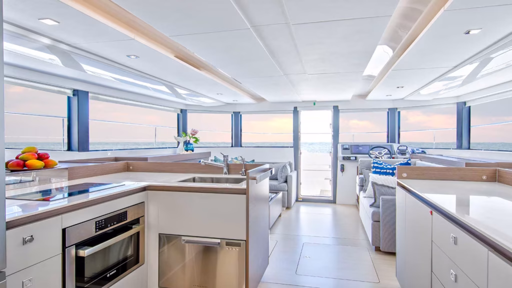 Galley in power catamaran Moorings 464 PC for charter in Great Abaco in Bahamas in Caribbean
