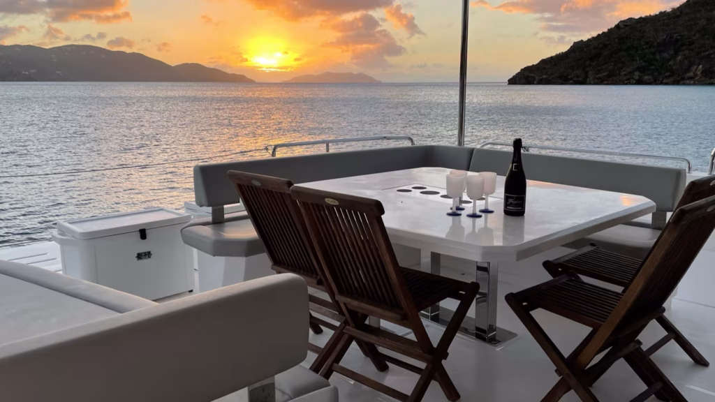 Fly bridge in saloon in power catamaran Moorings 534 PC for charter in Great Abaco in Bahamas in Caribbean