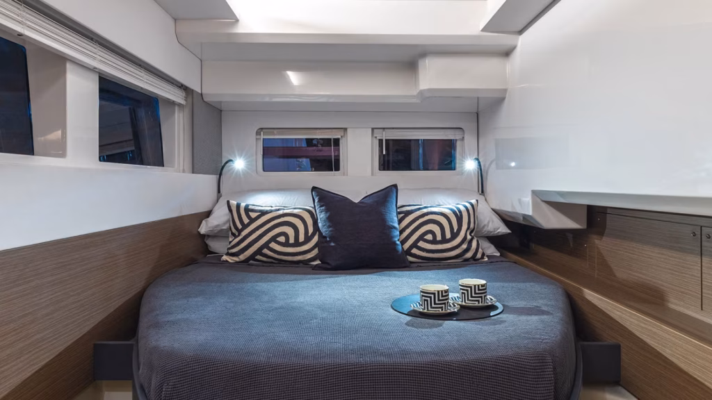 Aft cabin in power catamaran Moorings 403 PC for charter in Tortola in British Virgin Islands in Caribbean