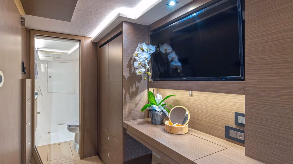 Interior in power catamaran Moorings 403 PC for charter in Tortola in British Virgin Islands in Caribbean