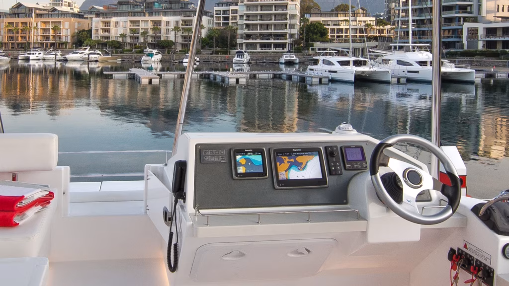 Cockpit of power catamaran Moorings 433 PC for charter in Tortola in British Virgin Islands in Caribbean