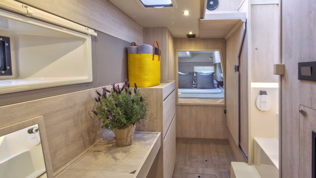 Interior in power catamaran Moorings 433 PC for charter in Tortola in British Virgin Islands in Caribbean