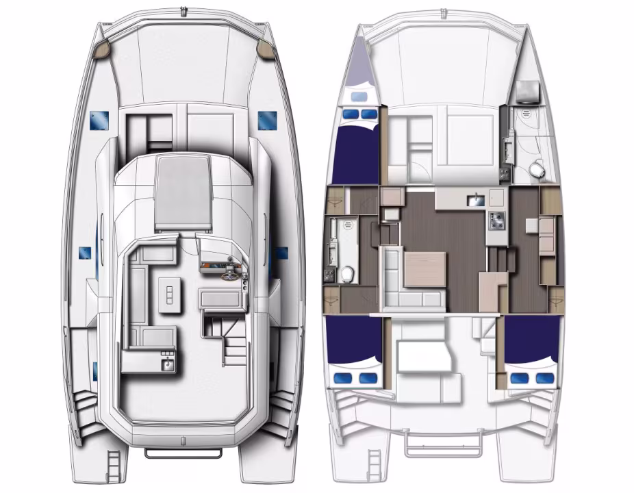 Layout of power catamaran Moorings 433 PC for charter in Tortola in British Virgin Islands in Caribbean