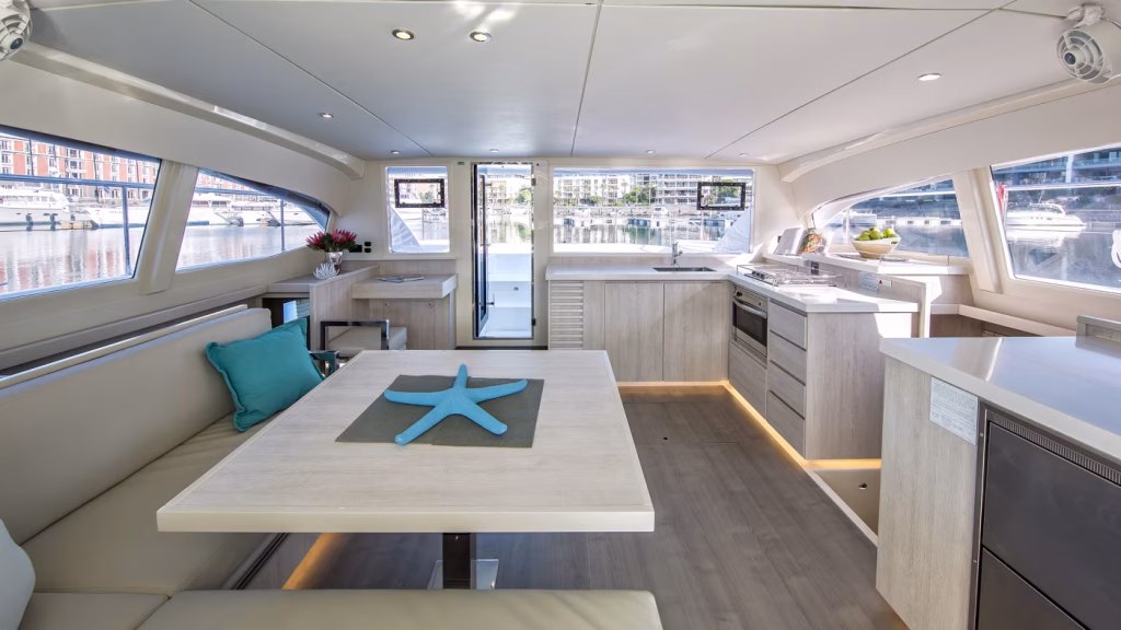 Saloon in power catamaran Moorings 433 PC for charter in Tortola in British Virgin Islands in Caribbean