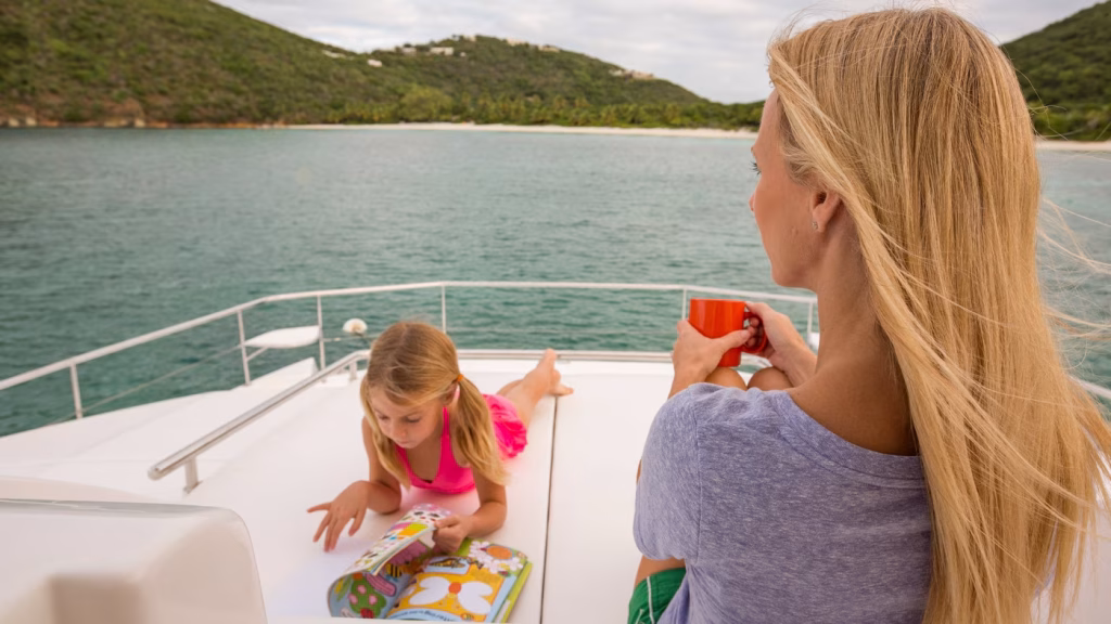 Sunbathing deck of power catamaran Moorings 433 PC for charter in Tortola in British Virgin Islands in Caribbean