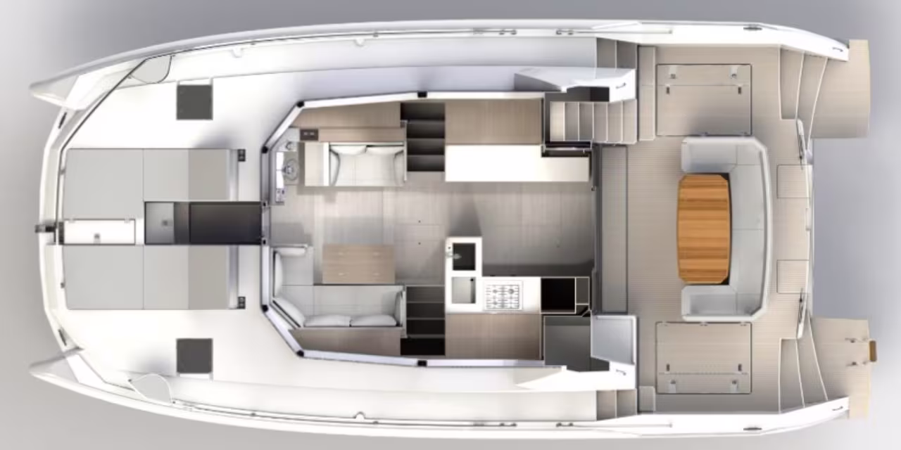 Layout of power catamaran Moorings 464 PC for charter in Tortola in British Virgin Islands in Caribbean