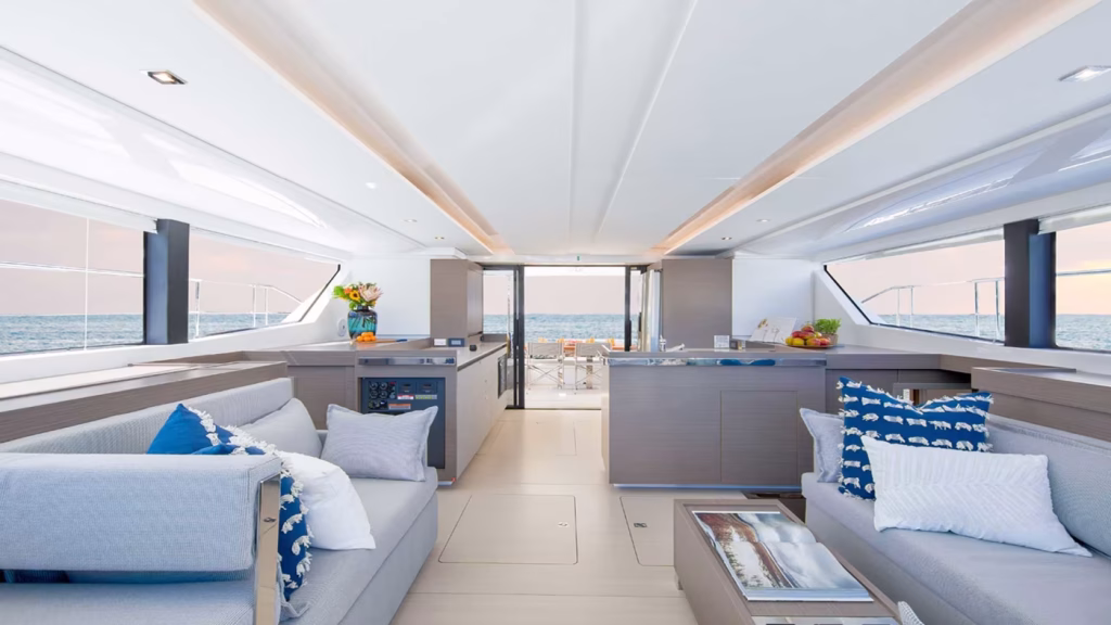 Saloon in power catamaran Moorings 464 PC for charter in Tortola in British Virgin Islands in Caribbean