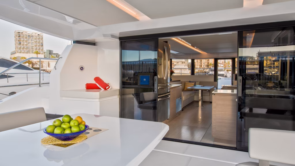 Cockpit table of power catamaran Leopard 53 PC for charter in Tortola in British Virgin Islands in Caribbean