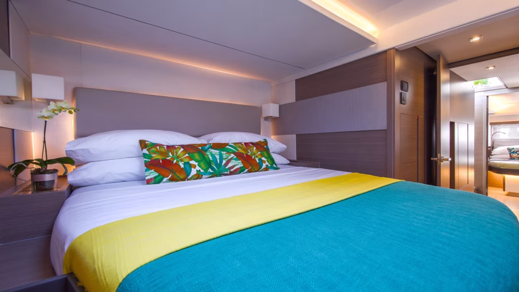 Forward cabin in power catamaran Leopard 53 PC for charter in Tortola in British Virgin Islands in Caribbean