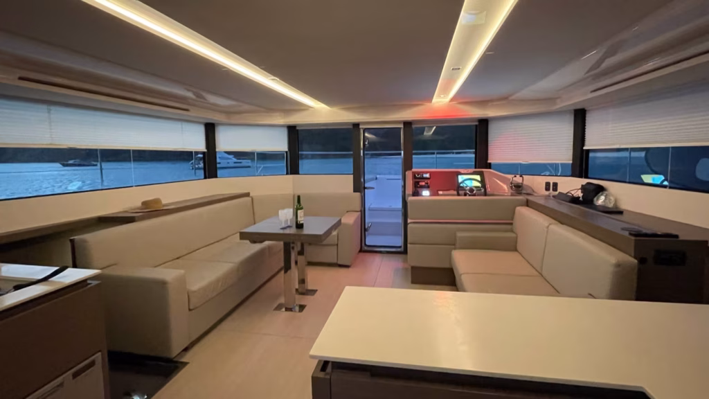 Saloon in power catamaran Leopard 53 PC for charter in Tortola in British Virgin Islands in Caribbean